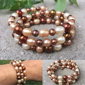 Pearl Bracelet, Brown Pearls, Cuff Bracelet, Memory Wire Bracelet, Mothers Gift